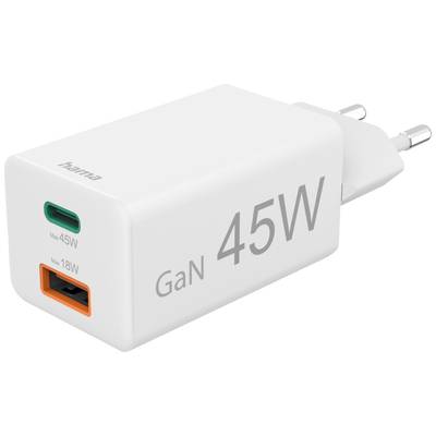 A white GaN charger marked '45W', displaying a USB-C and a USB-A port with maximum outputs of 45W and 18W.
