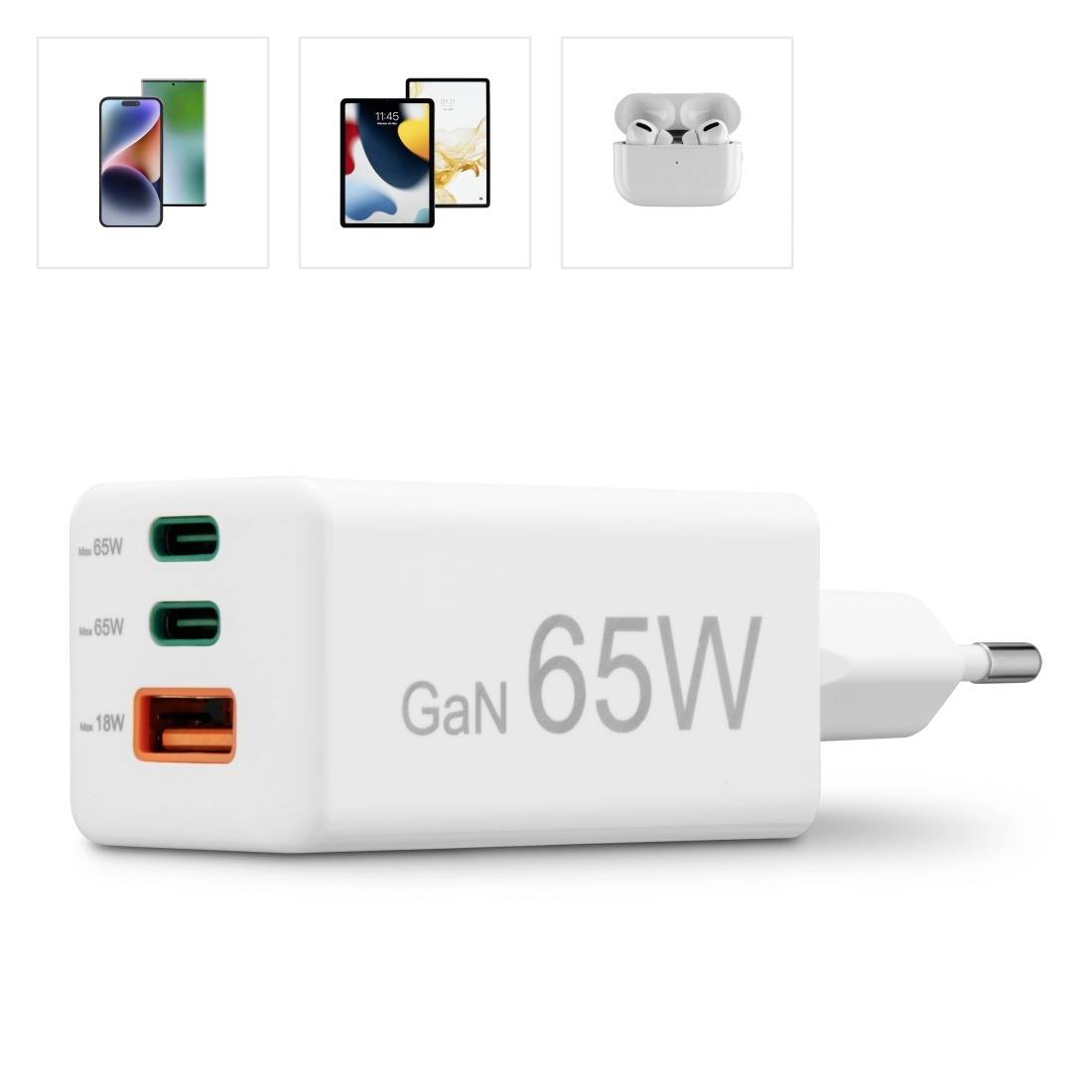 White 65W GaN Charger with three ports: two USB-C (65W, 66W) and one USB-A (18W). Suitable for smartphones and headphones.