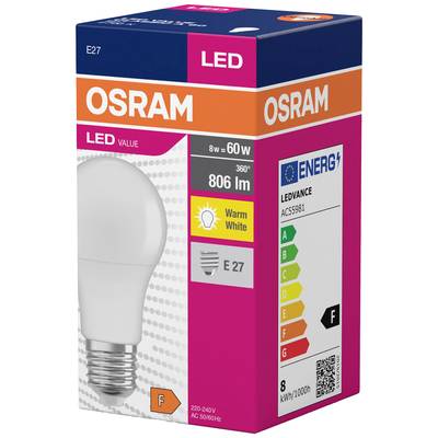 Packaging of an OSRAM LED light bulb with E27 socket. Power: 8W, Luminous flux: 806 lm, Energy efficiency class: F, Colour temperature: Warm white.