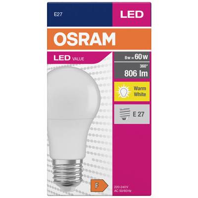 Osram LED Light Bulb, E27, 806 Lumens, 8W equivalent to 60W, warm white light, Energy Class F, 220-240V. Packaging in Blue and Orange.