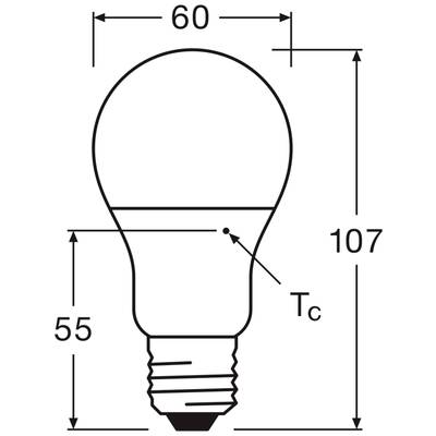 Sketch of a light bulb with dimensions: Height 107 mm, Width 60 mm, Distance to Tc point 55 mm.