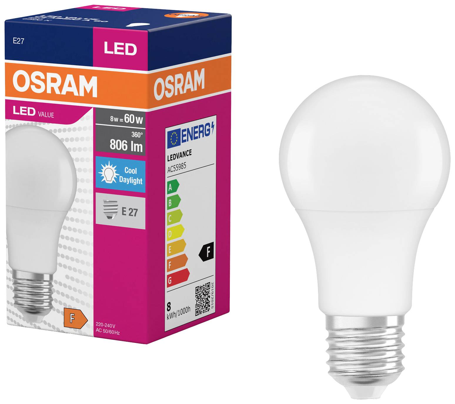 OSRAM 4099854109829 LED (monochrome) EEC F (A - G) E-27 Pear shape 8.5 W = 60 W Cool white (Ø x H) 60 mm x 60 mm 1 pc(s)