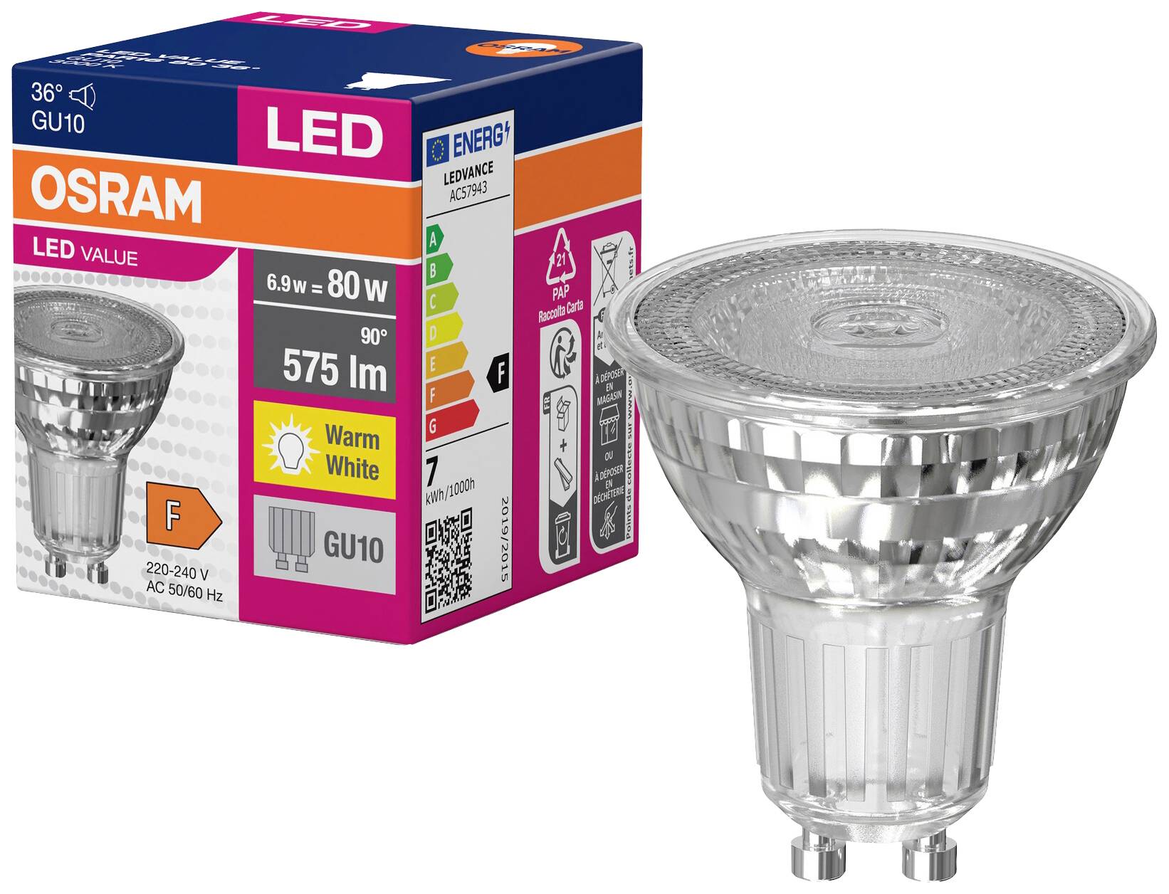 OSRAM 4058075096646 LED (monochrome) EEC F (A - G) GU10 Reflector bulb 6.9 W = 80 W Warm white (Ø x H) 50 mm x 50 mm 1 pc(s)