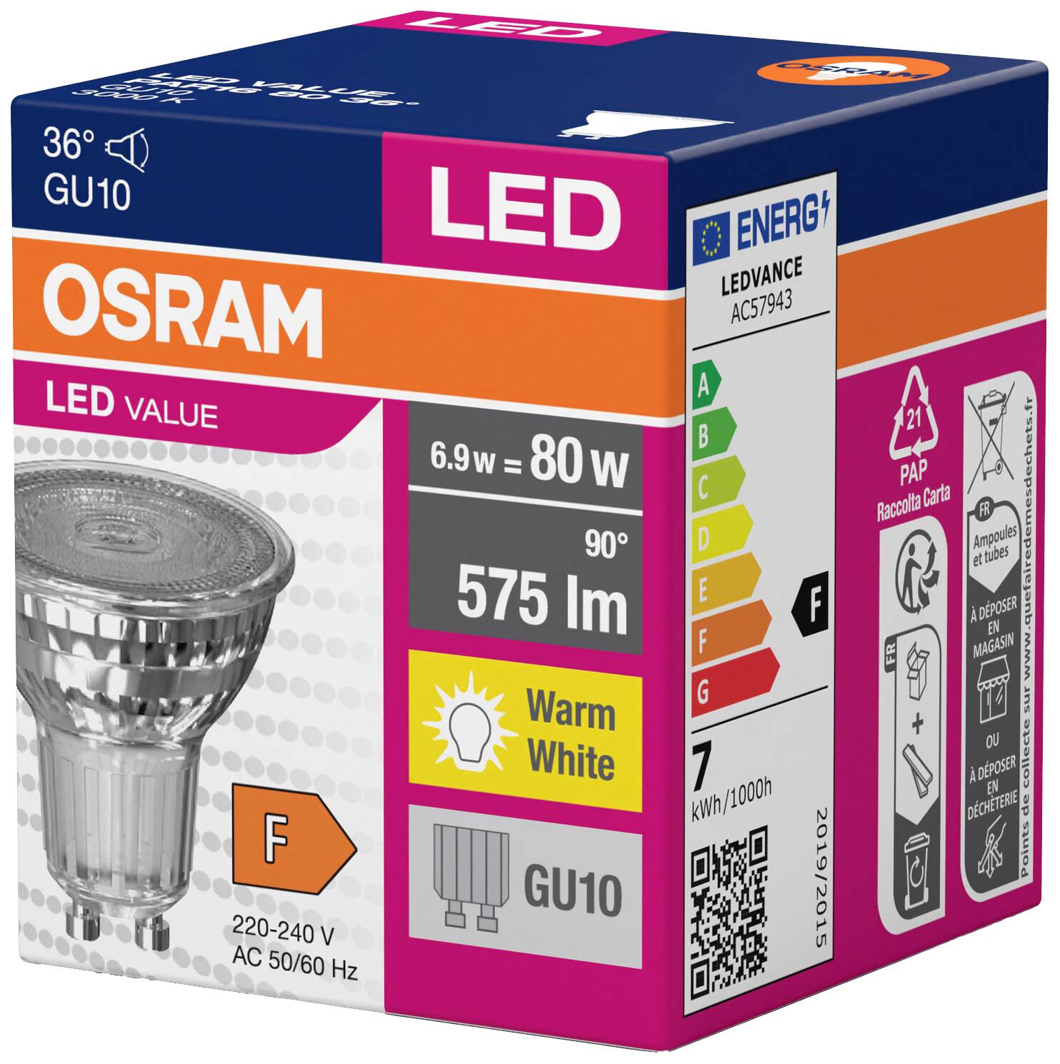 Osram LED light bulb, GU10 fitting, 6.9W, 575 lumens, Energy Class F, warm white light, 90° beam angle.