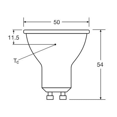 Diagram of an LED lamp with dimensions: diameter 50 mm, total height 54 mm, point Tc at 11.5 mm from the upper edge.