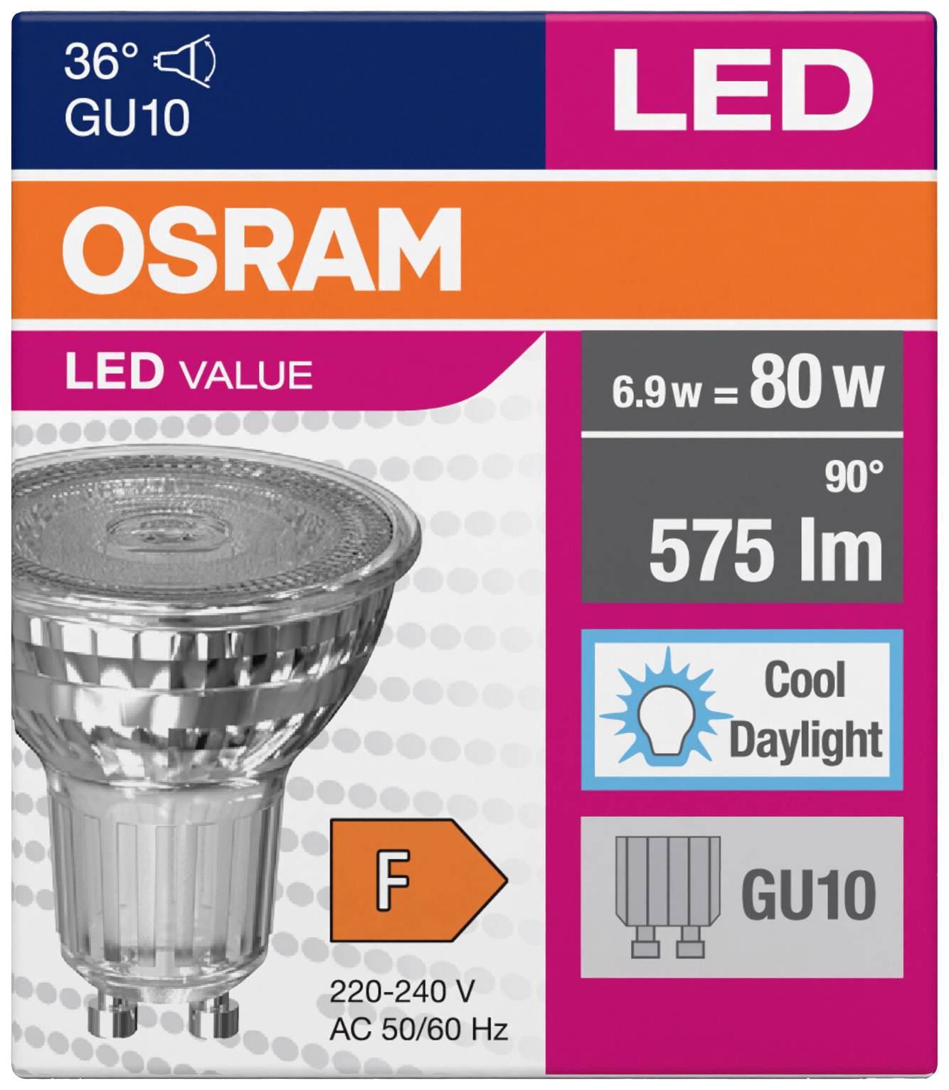 'OSRAM LED light bulb, 36° GU10, 6.9W equivalent to 80W, 575 lumens, 90°, Colour temperature: Cool Daylight, Energy efficiency class: F, Voltage: 220-240 V AC 50/60 Hz.'