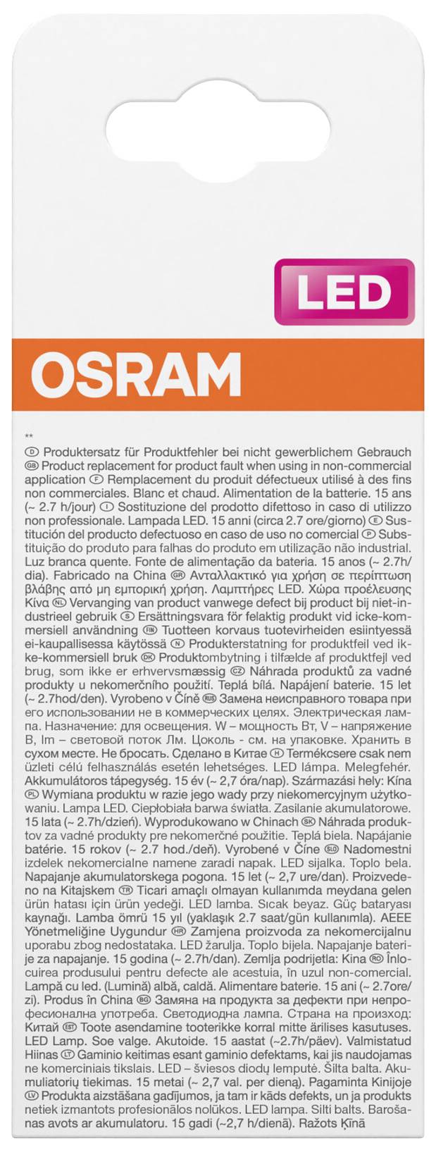 Packaging of an Osram LED product with instructions for use and warranty information. At the top is an LED symbol; clear text describes product details.