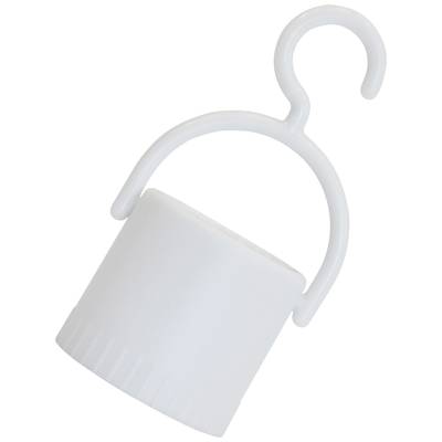 A white plastic lid with a clasp and hook, presumably for a bottle, on a white background.