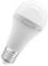 White LED light bulb with silver screw base on white background.