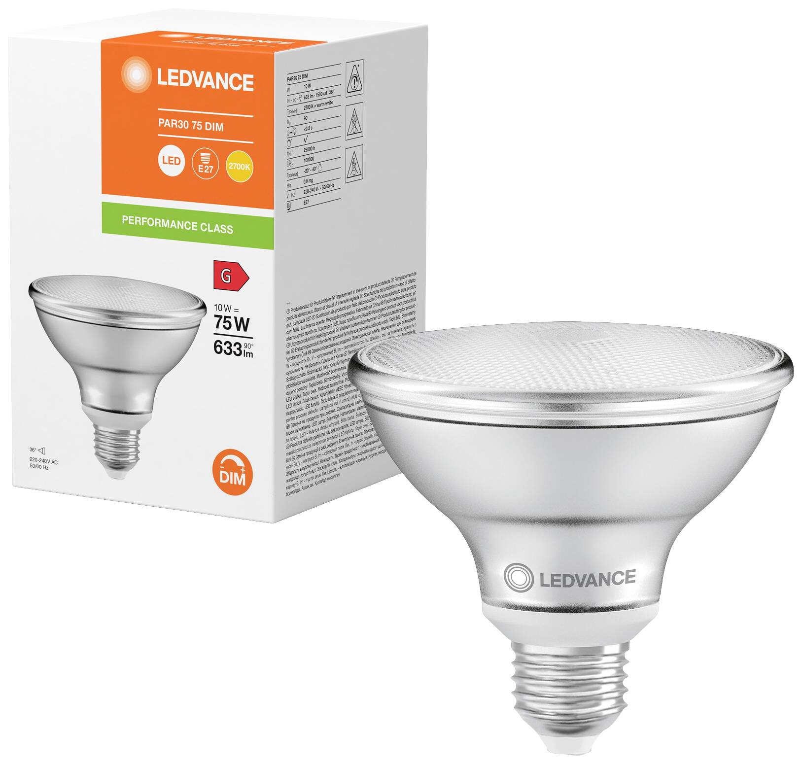 LEDVANCE 4099854071195 LED (monochrome) EEC G (A - G) E-27 Par 30 10 W = 75 W Warm white (Ø x H) 95 mm x 95 mm 1 pc(s)