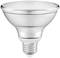 Silver LED light bulb with E27 socket in PAR38 shape, suitable for energy-efficient lighting in indoor and outdoor areas.