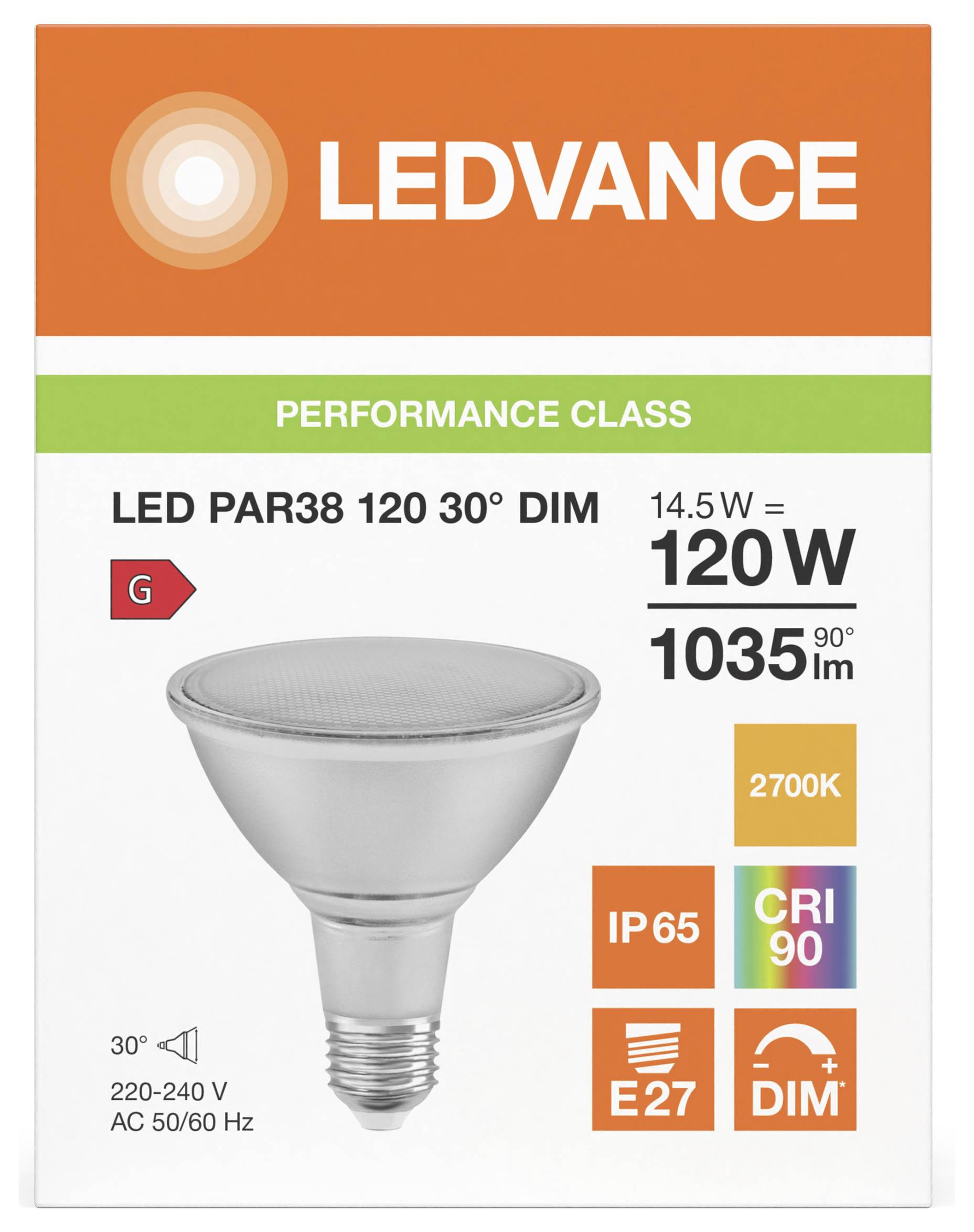 LEDVANCE LED PAR38 bulb packaging showing a dimmable 14.5W LED lamp, 120W equivalent, 1035 lumens, 2700K, IP65, E27, CRI 90, 30° beam angle.<br>