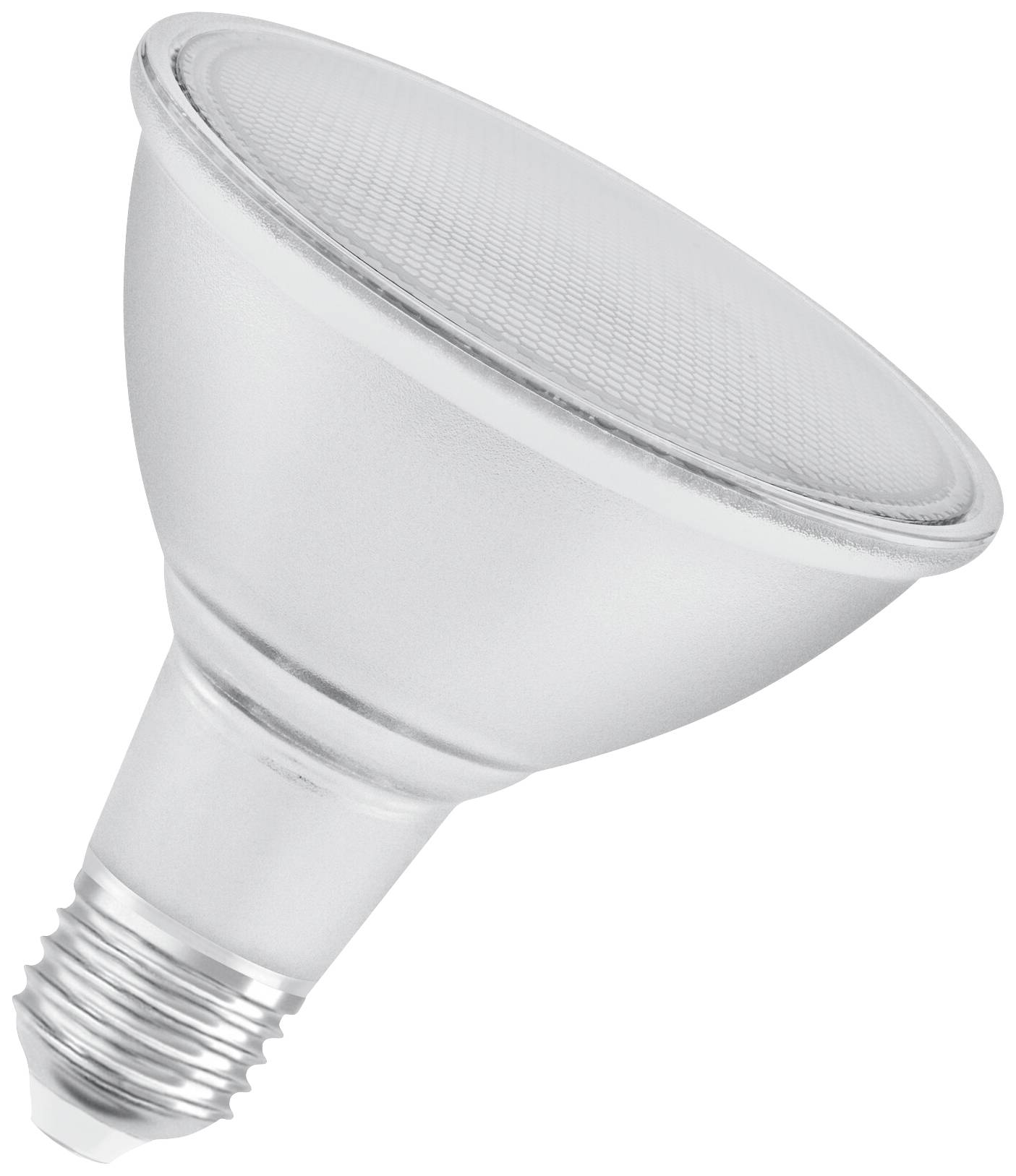 Silver, cone-shaped LED lamp with a wide reflector and thread, suitable for powerful, directional lighting.