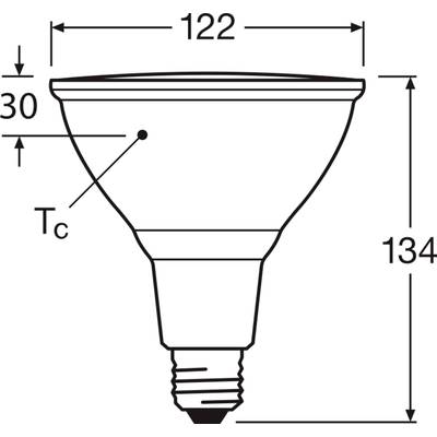Technical drawing of a light bulb with dimensions: Total height 134 mm, diameter 122 mm, distance from tip to measurement point Tc 30 mm.