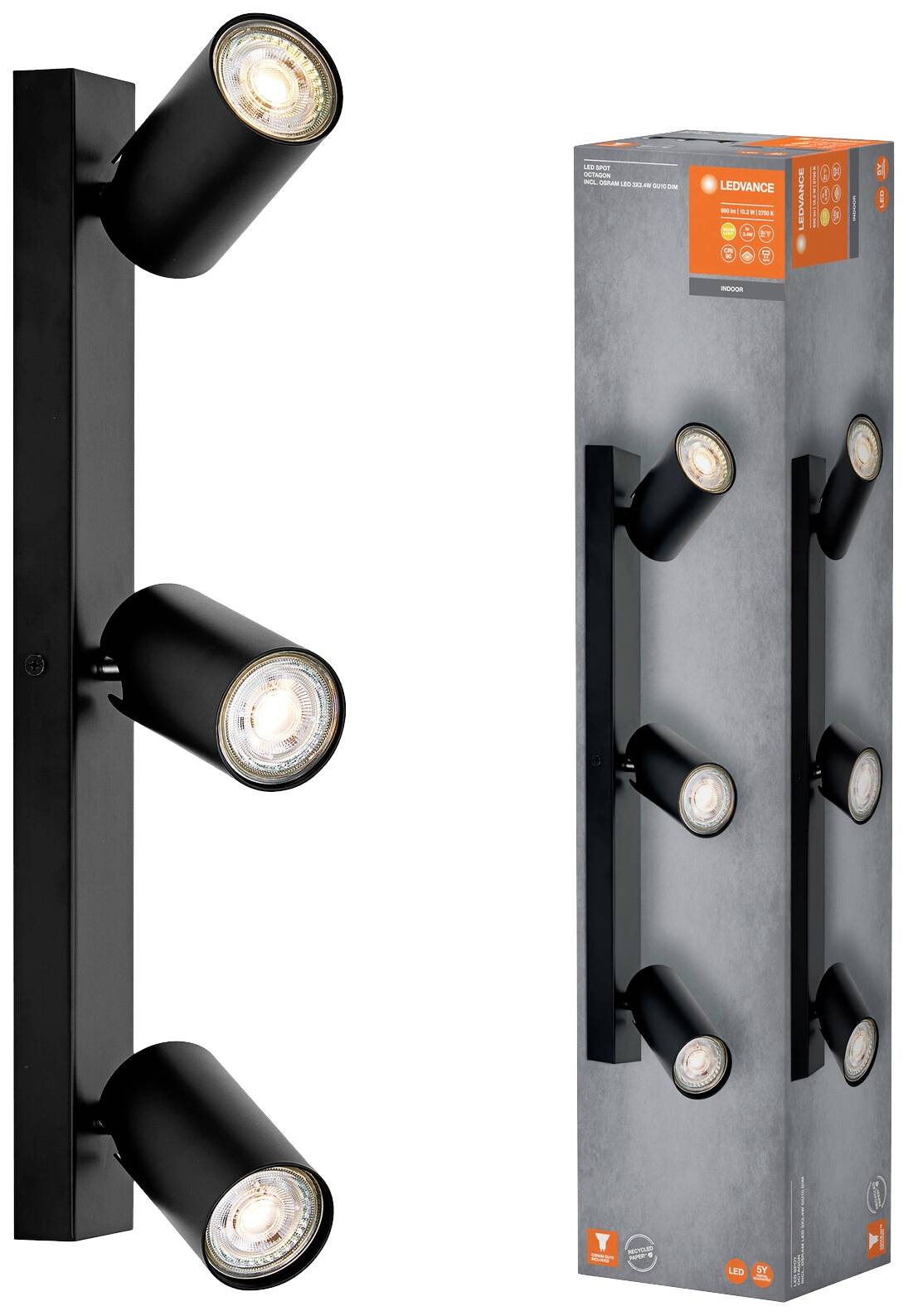 A black ceiling spotlight with three adjustable lights, alongside its corresponding packaging featuring a product image and brand logo.