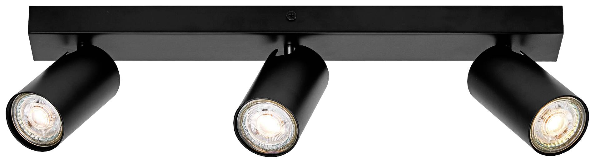 Three black, cylindrical ceiling spotlights on a metal rail, each with an individually adjustable light spot.