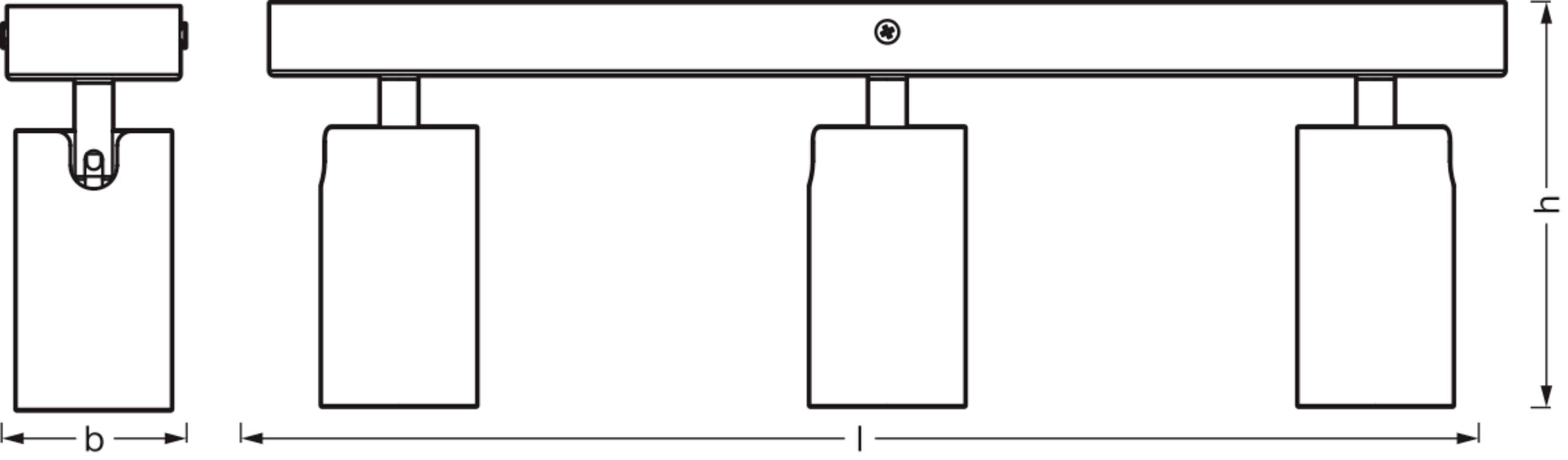 Three cylindrical light fittings in a linear arrangement, connected via a ceiling rail. Dimensions: width (b), height (h), length (l).