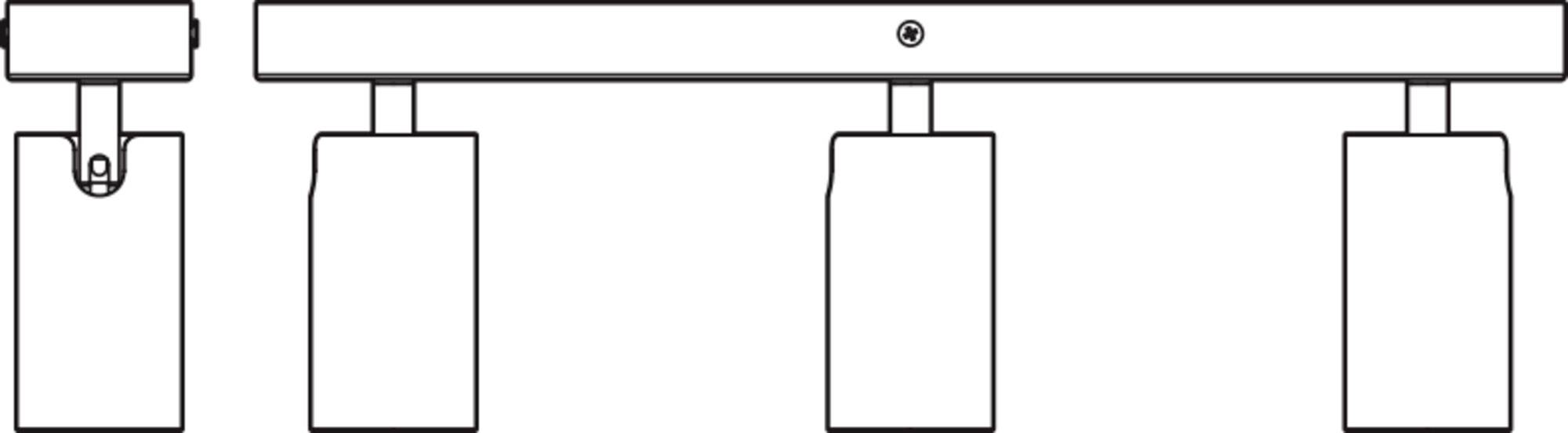 Black and white diagram of a three-part ceiling light with rectangular bases and cylindrical shades, mounted on a rail.