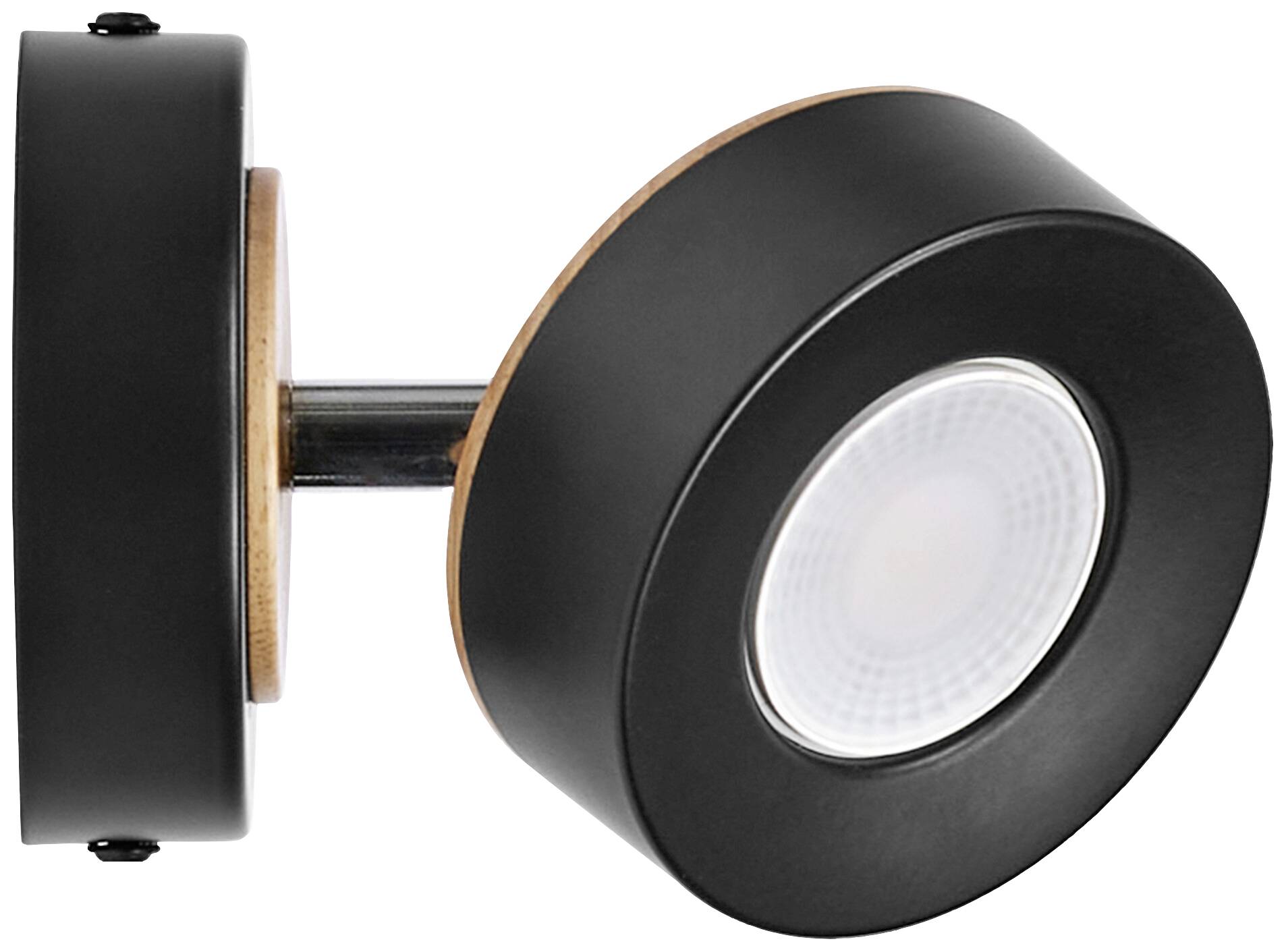Black, round wall light with wooden accents and white lampshade, suitable for wall mounting.