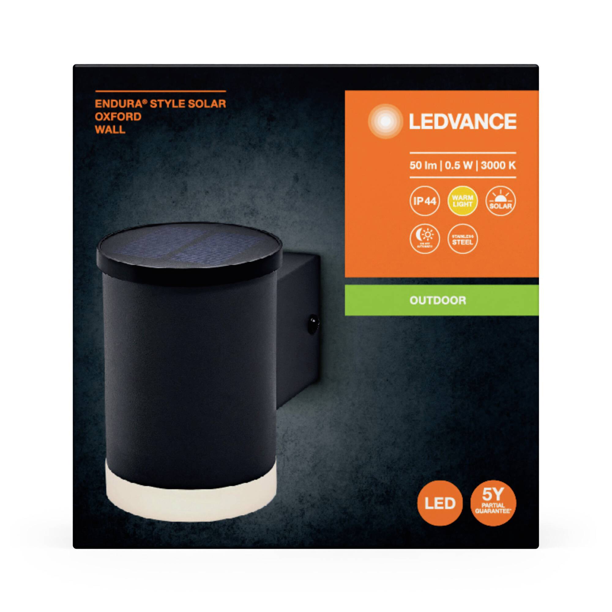Black LED solar light in square packaging, marked for outdoor use, with 50 lm brightness, 0.5 W power, warm white.