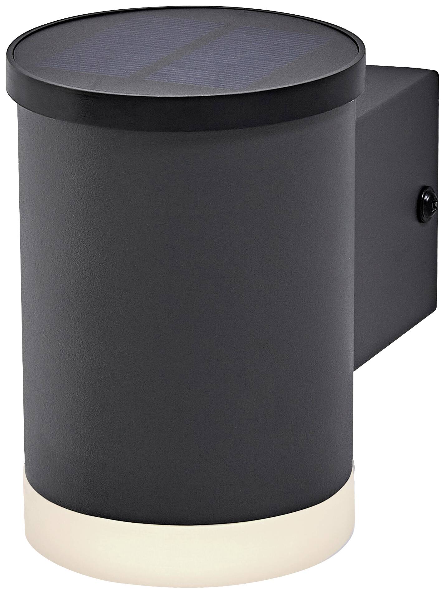 Black, cylindrical exterior light with solar panel on top and light emission at the bottom, mounted on a wall bracket.