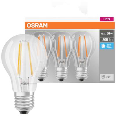 Four OSRAM LED light bulbs in a pack, 7 W equivalent to 60 W, 806 lumens, E27 fitting, colour temperature: Cool White.