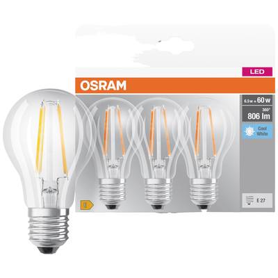 Pack of three OSRAM LED light bulbs, 6.5 W, E27, 806 lumens, cool white, energy-efficient, suitable for home lighting.