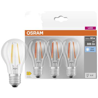 The image shows an OSRAM LED light bulb package containing four bulbs. It has 6.5 watts, equivalent to 60 watts, 806 lumens, E27 socket, cool white.
