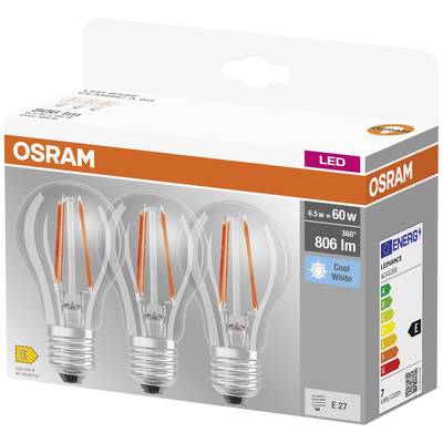 Pack of three OSRAM LED light bulbs, 6.5 W equivalent to 60 W, 806 lumens, Cool White, Energy Efficiency Class E.