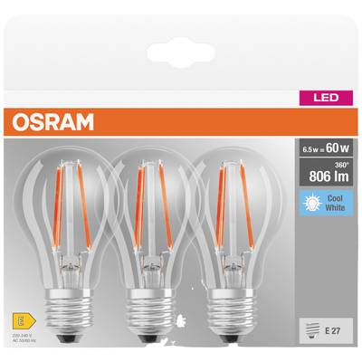 Three OSRAM LED light bulbs in one package. They have a power rating of 6.5 W (equivalent to 60 W), 806 lumens, and are cool white.