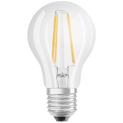 The image shows a classic light bulb with a visible LED filament, enclosed in a clear glass bulb.