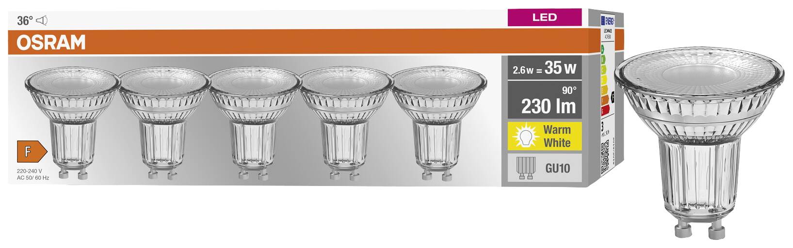 'Osram LED spotlight, GU10 socket, 230 lumens, warm white light, 2.6W equivalent to 35W, 36° beam angle, shown in pack of 5.'