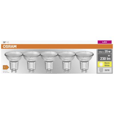 Pack of 5 OSRAM LED light bulbs, each 2.6 W, 230 lumens, warm white, GU10 fitting, Energy Class F.