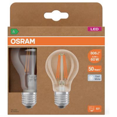 OSRAM LED light bulb package showing an E27 cool white bulb, 60W equivalent, 806 lm, 50 years rated life.<br>