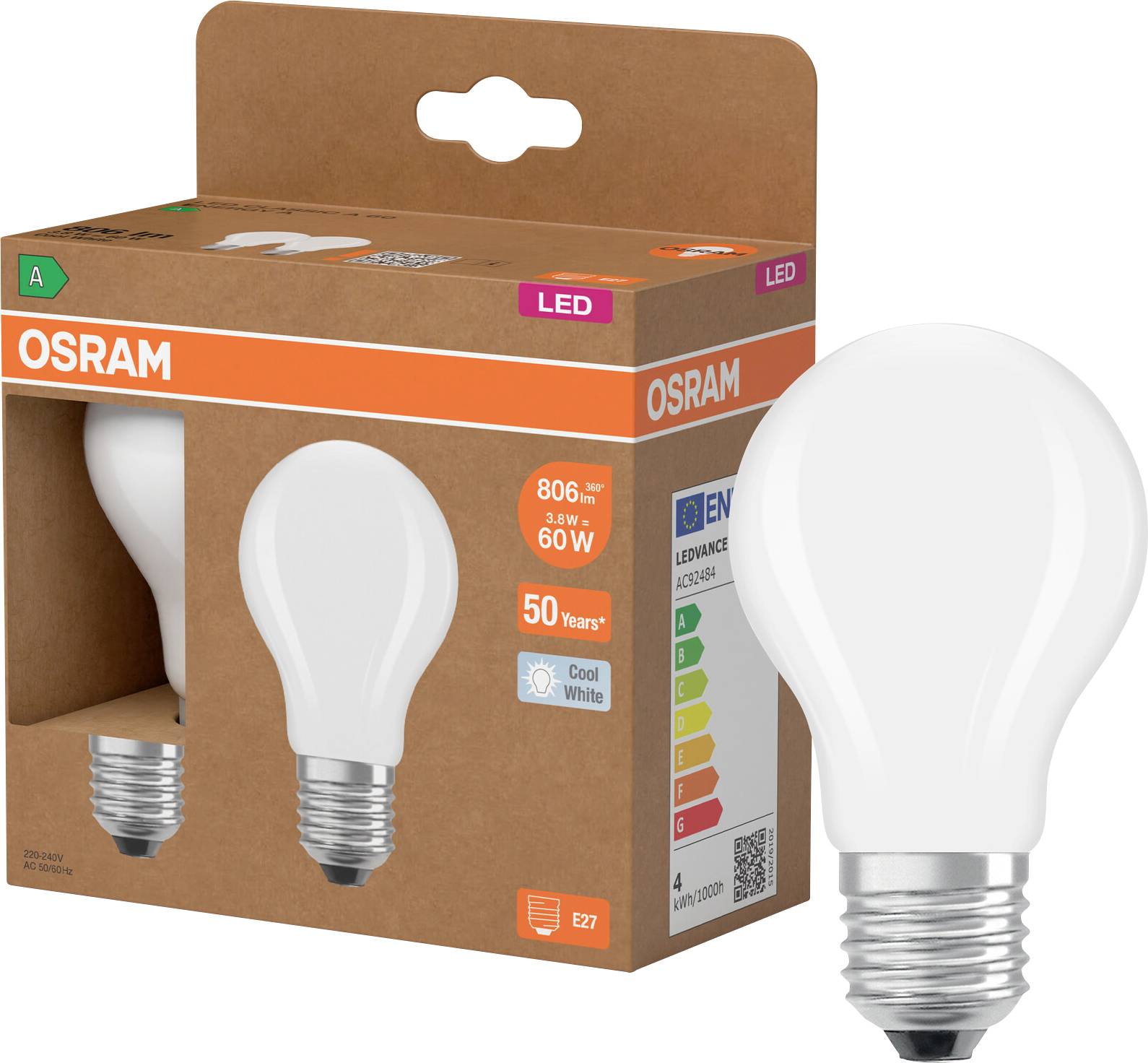 OSRAM LED light bulb in brown retail box, with a large white bulb shown beside the package.