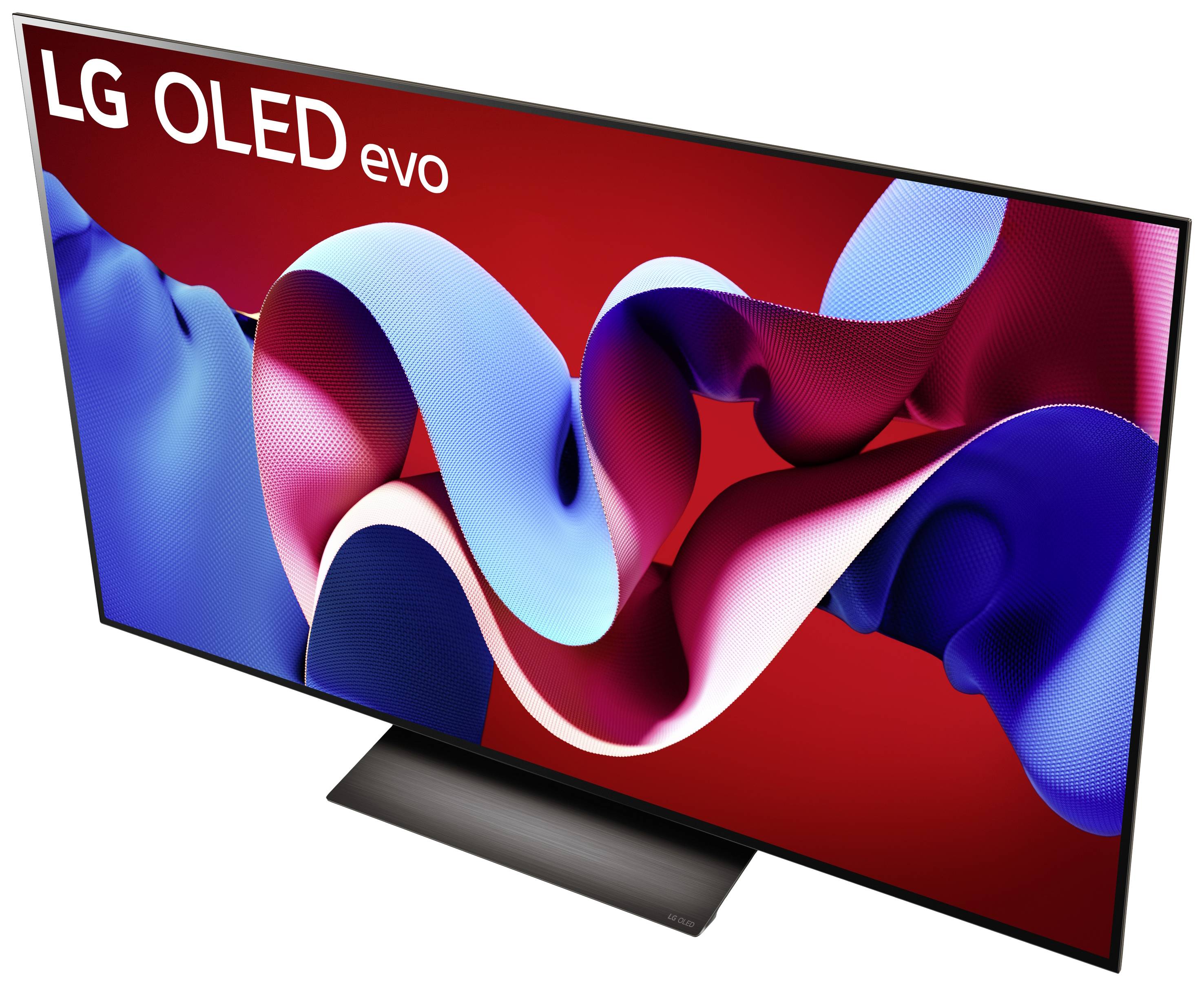 LG OLED evo Television with a red and blue abstract design on the screen.