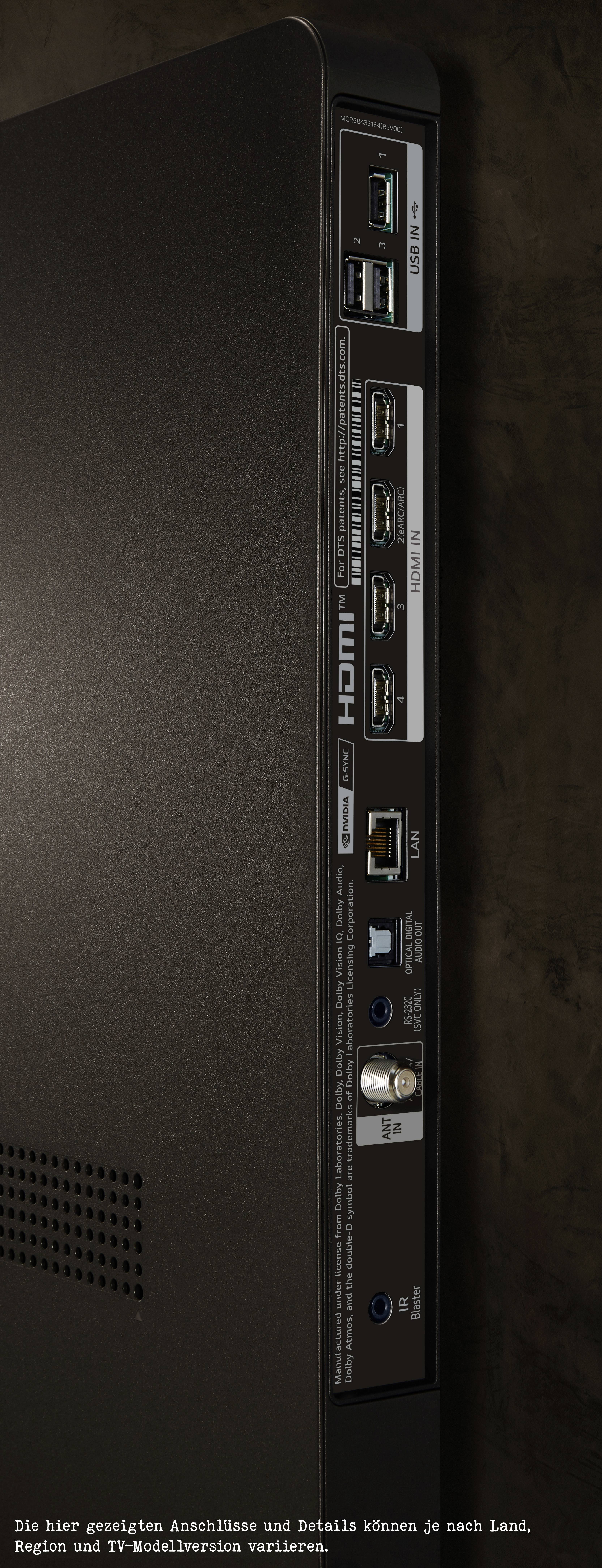 A television connection panel with HDMI, USB, Ethernet, and coaxial ports on the right side, angled towards the back left.