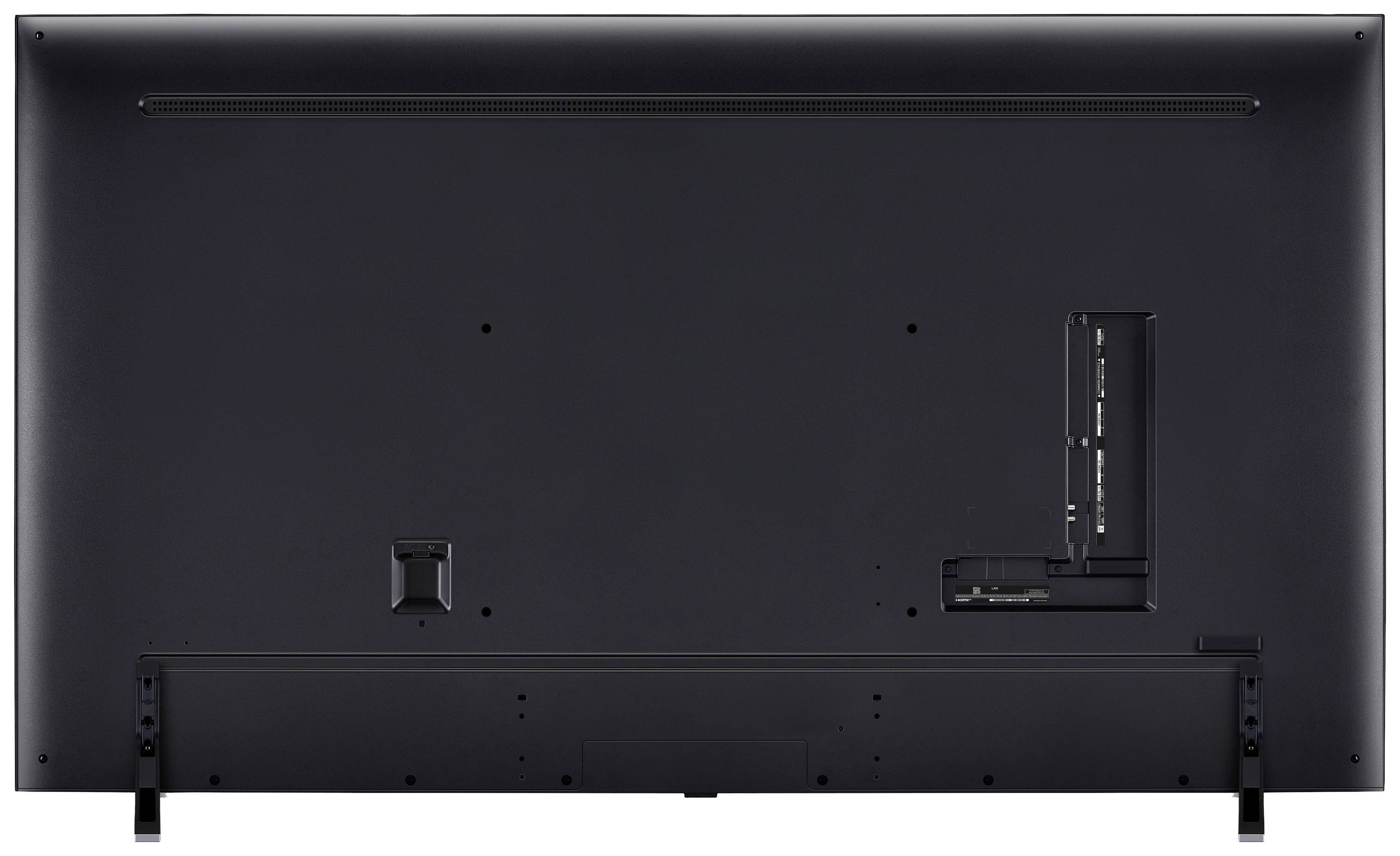 Rear view of a black television set with visible connections and stand feet on the left and right sides in the lower area.