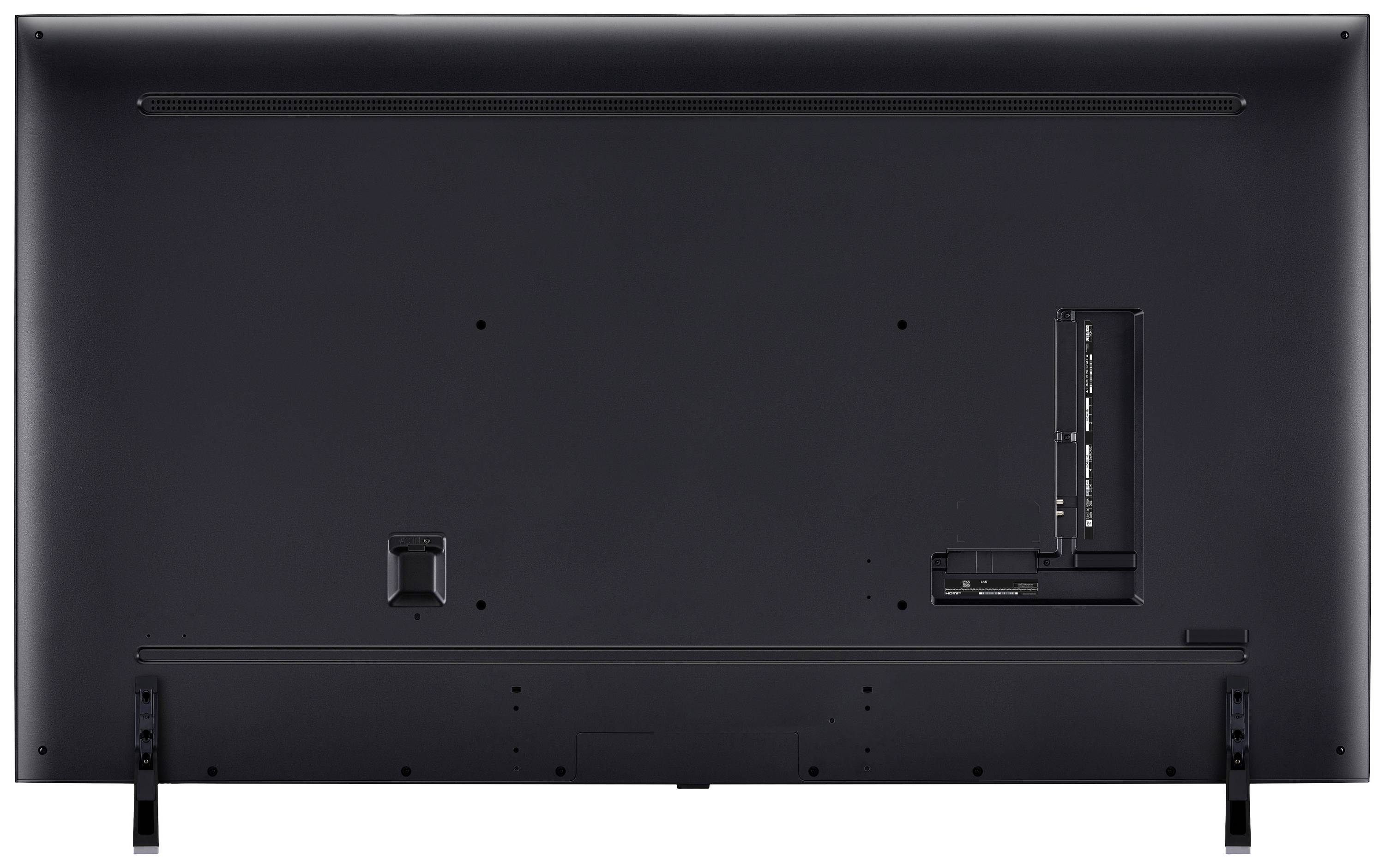 Rear view of a black, flat television with two stand feet. A connection opening is visible on the left. Display not visible.