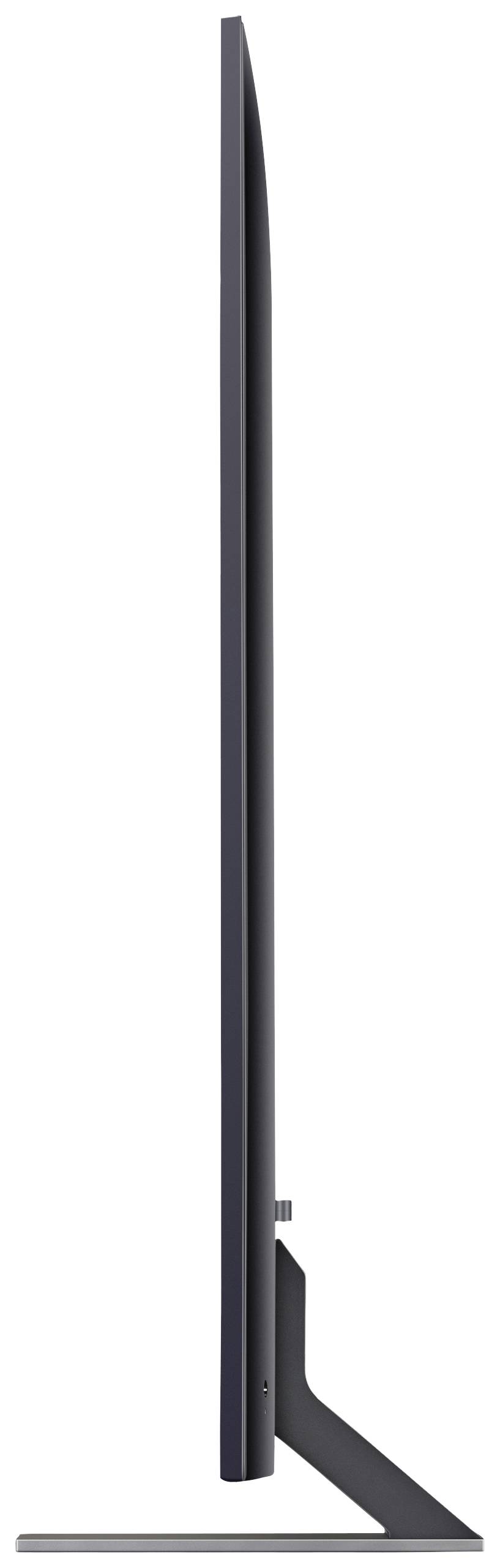 Side view of a slim flat-screen monitor with a sturdy stand.