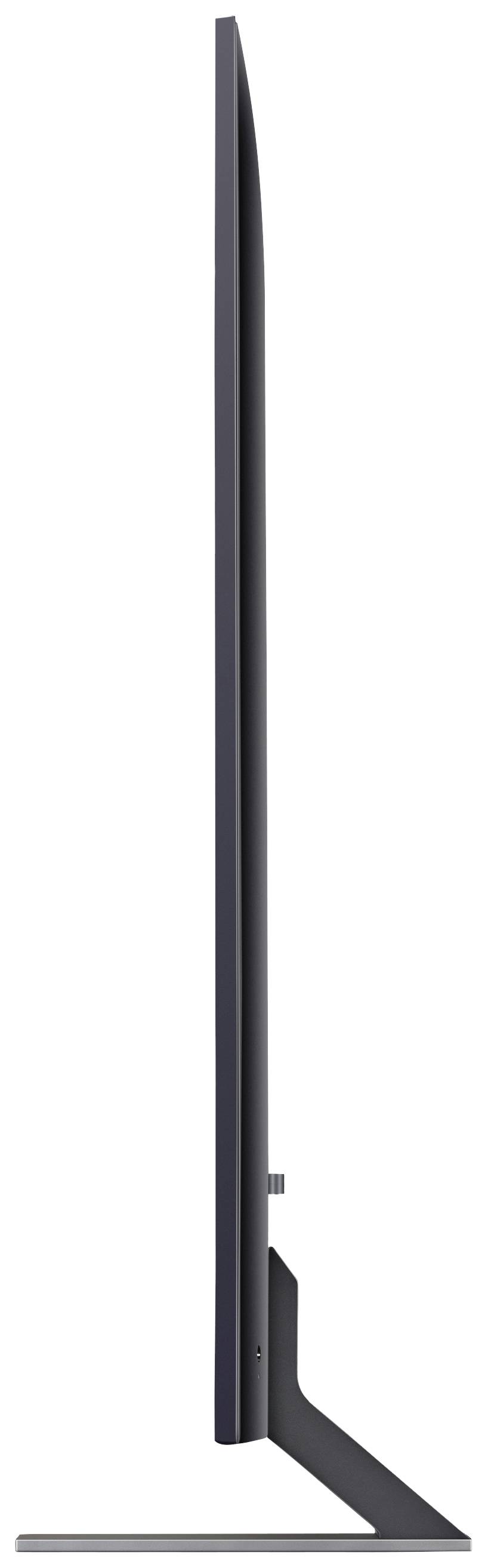 Side view of a slim monitor with a sleek black bezel mounted on a rectangular stand.