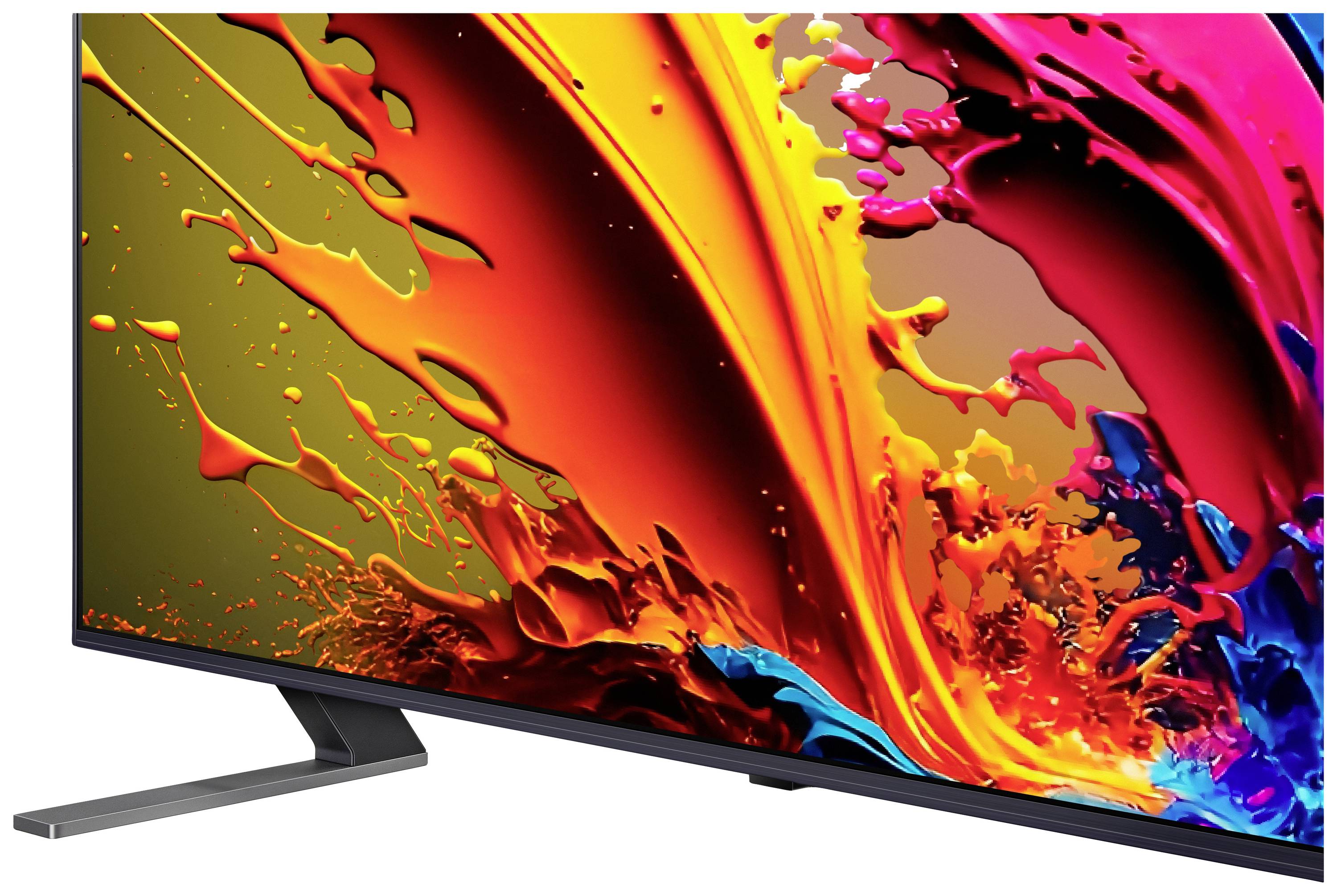A modern flat-screen television with a vibrant, abstract colour pattern on the screen; colours dominate, device design minimalist.