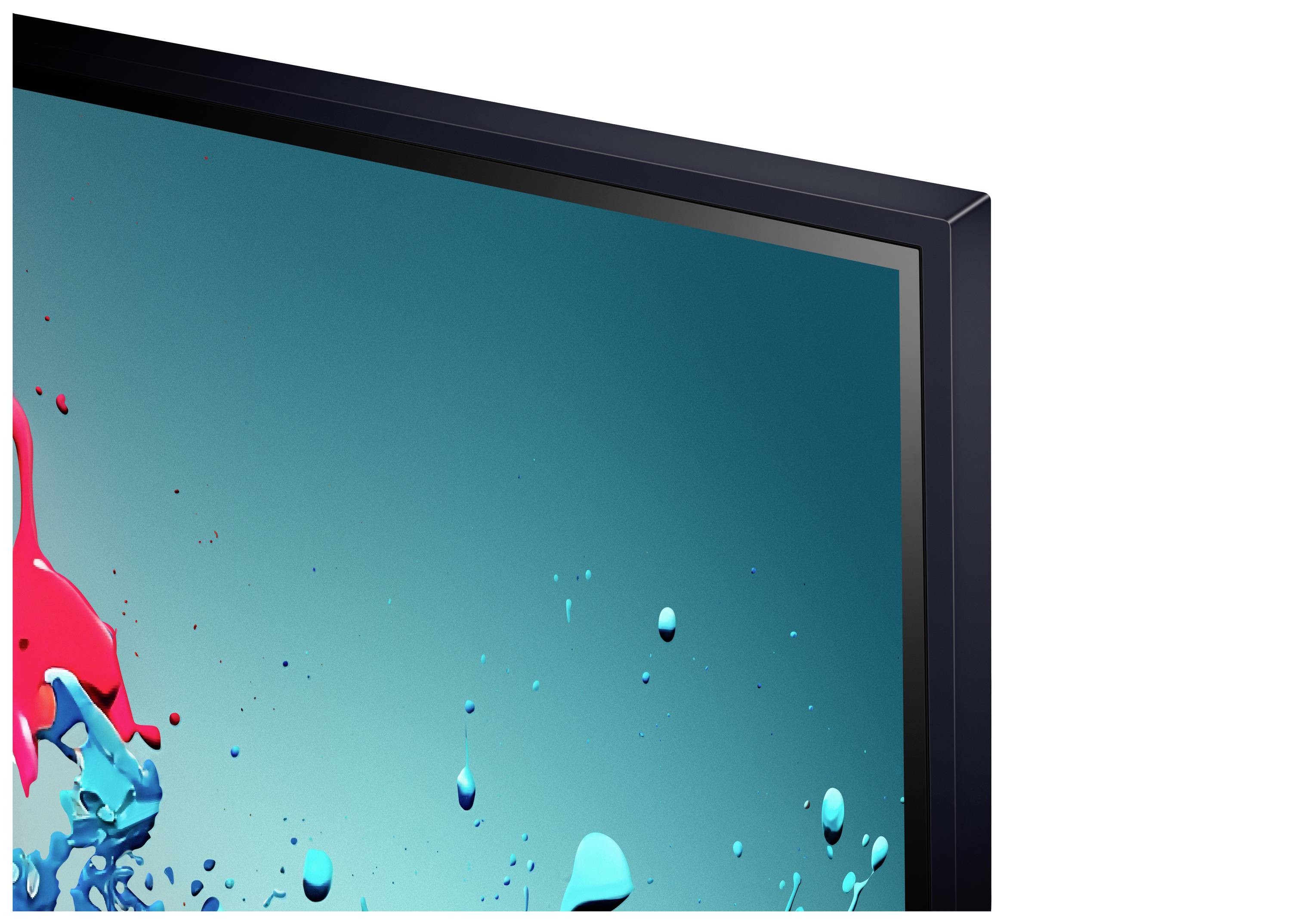 A television screen shows colourful, luminous colour splashes on a blue background. The corners are sharp and the frame is black.