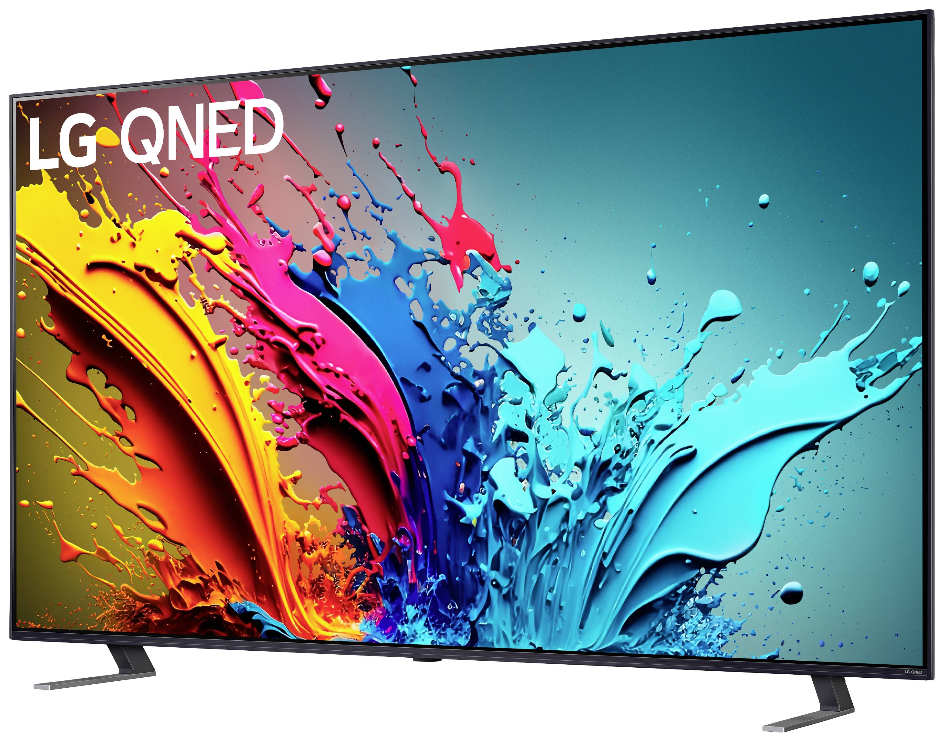A LG QNED television with a screen filled with vibrant colour splodges in red, blue, and yellow on an abstract background.