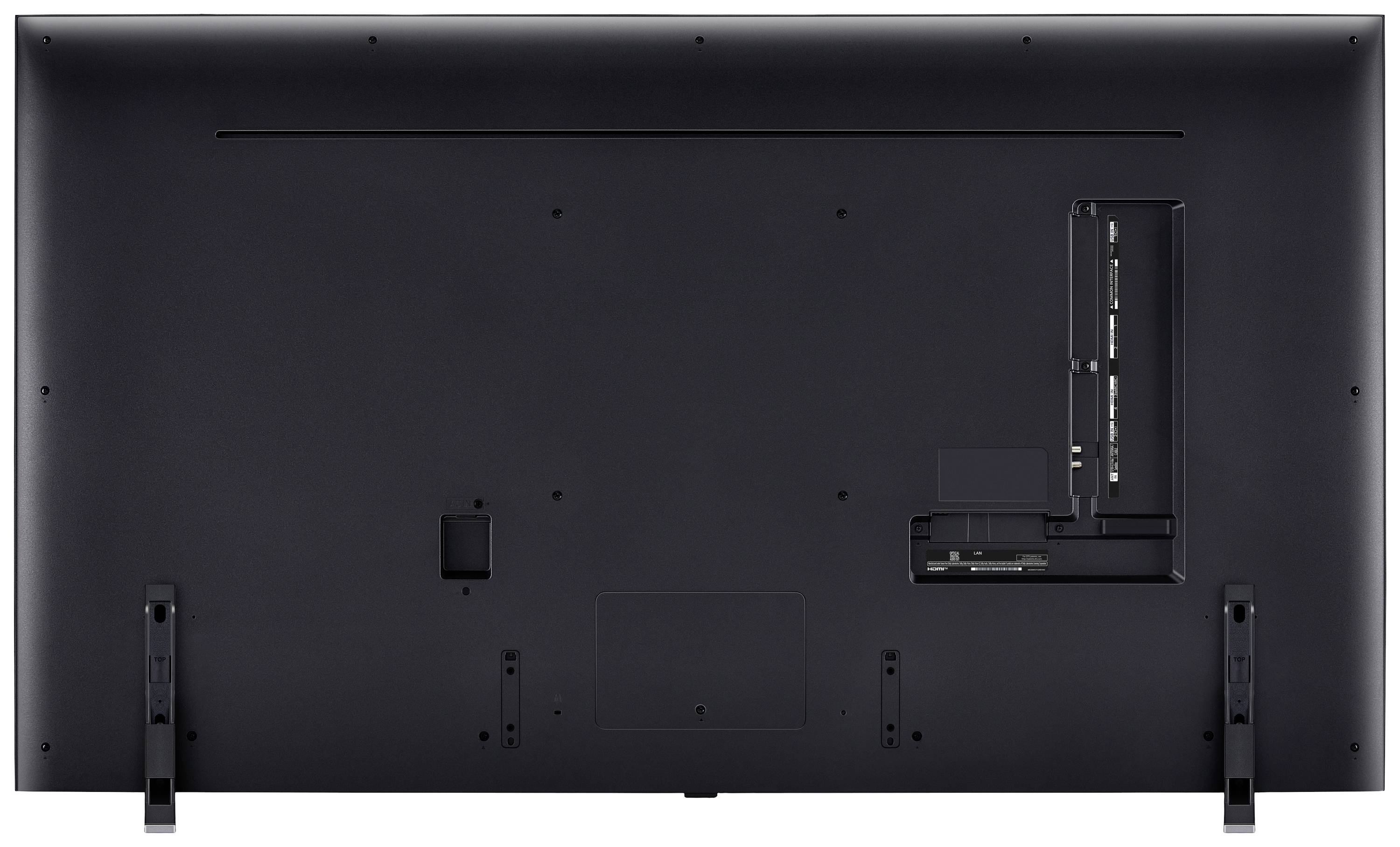 Rear view of a television set with two stand legs, visible connection options, and a black casing.