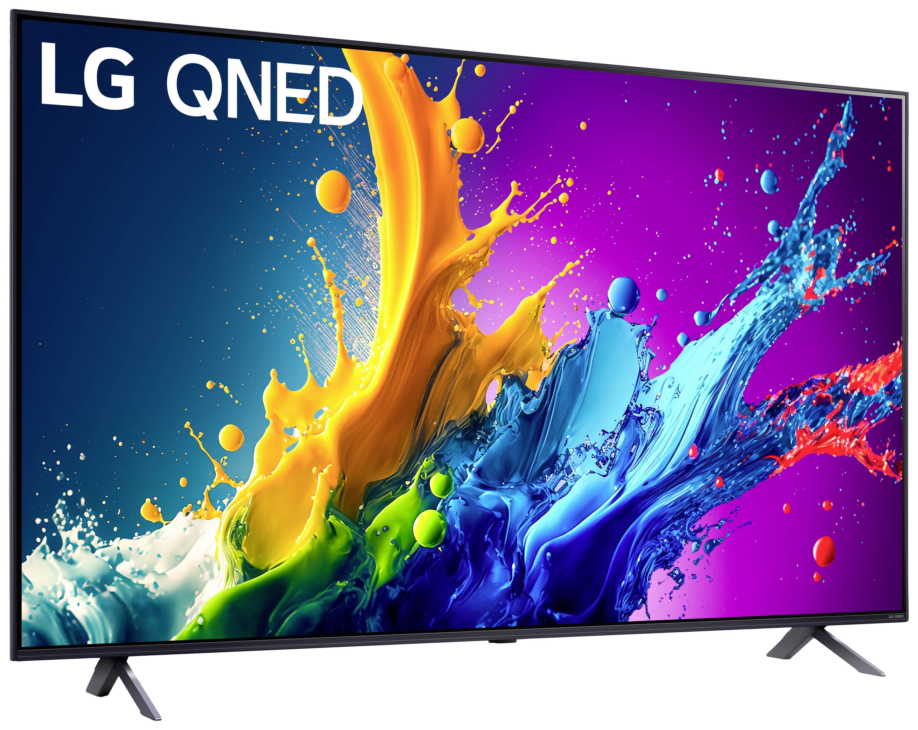 'LG QNED' television with a colourful display screen showing vibrant blue, yellow, green, and red hues.