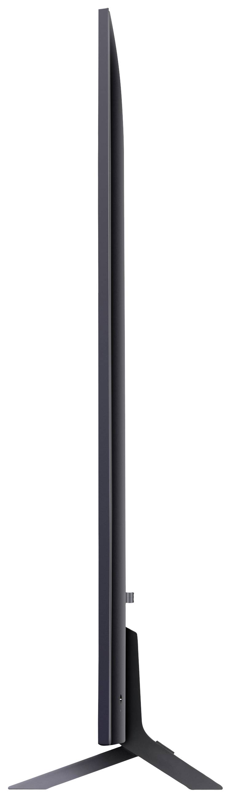 Side view of a sleek, modern television with a slim bezel and a sturdy, minimalist stand.