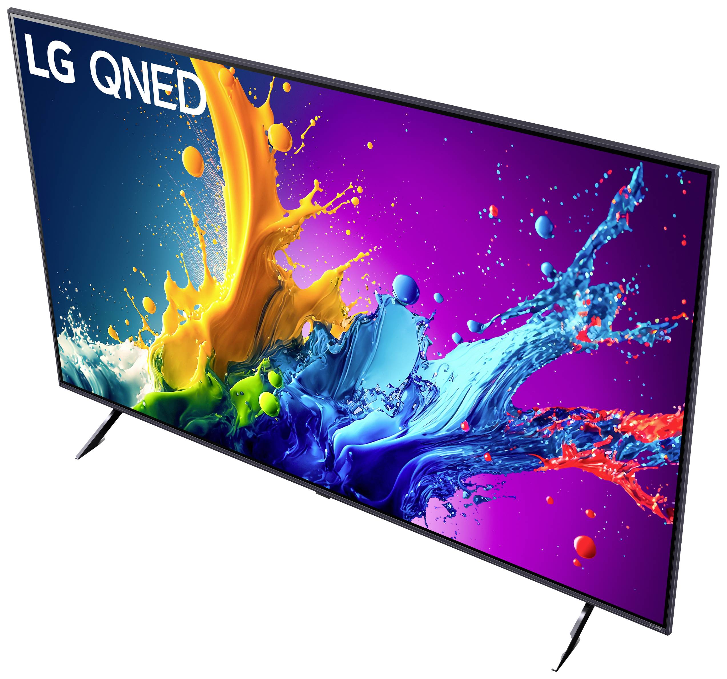 A LG television with 'QNED' written in the top corner. Colourful paint splashes in blue, yellow, orange, and red are spraying across the screen.