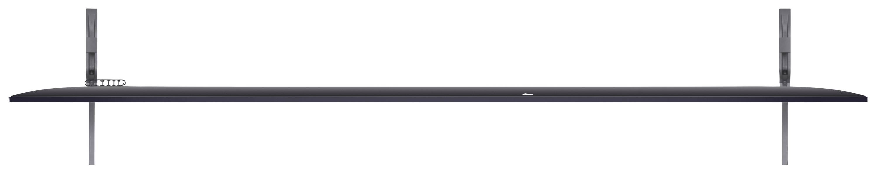 A long, narrow black shelf board, presumably made of metal, with two side brackets and a small spring on the left side.