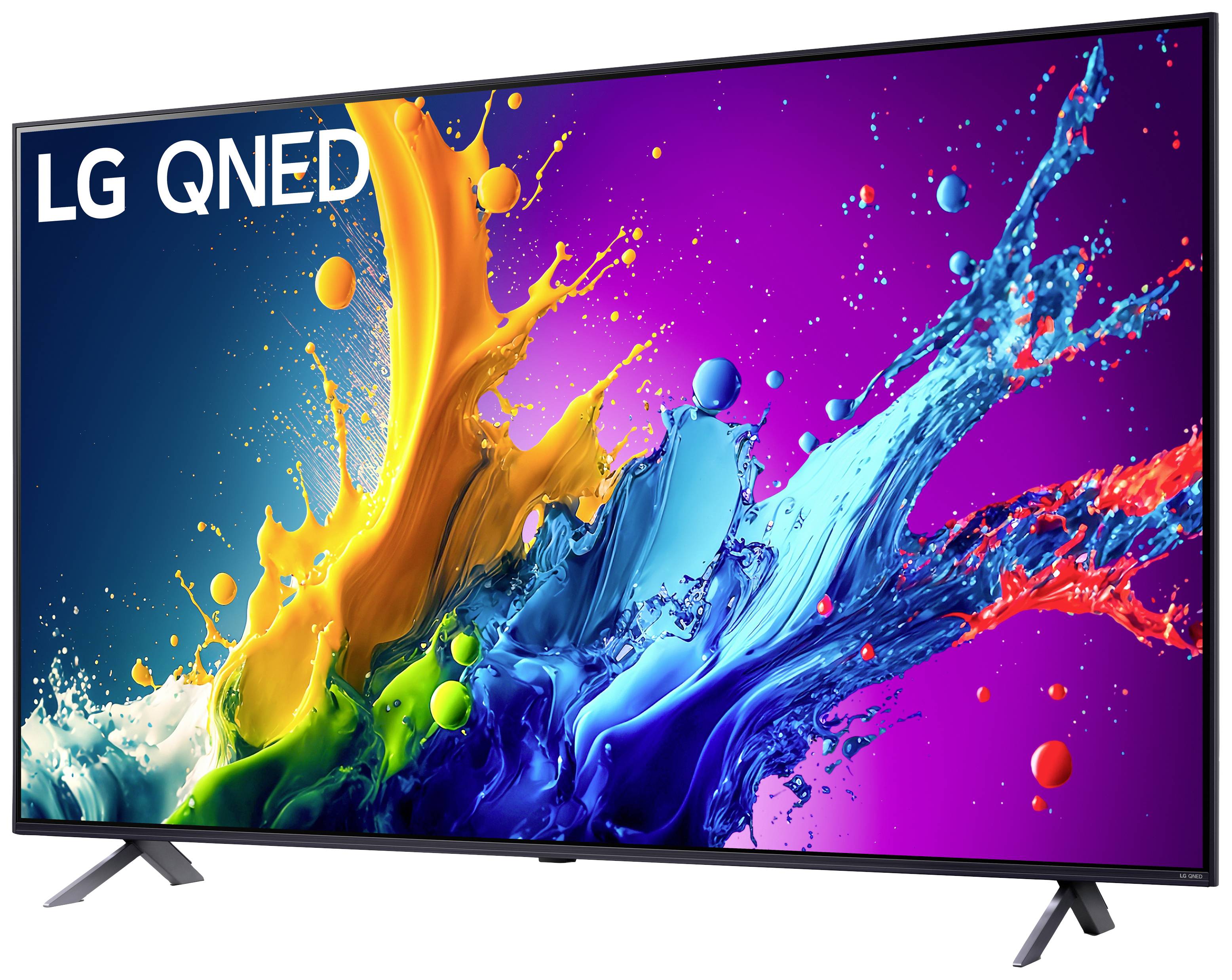 An LG QNED television displays a colourful abstract design with vibrant colours like blue, red, yellow, and green, splashing dramatically.